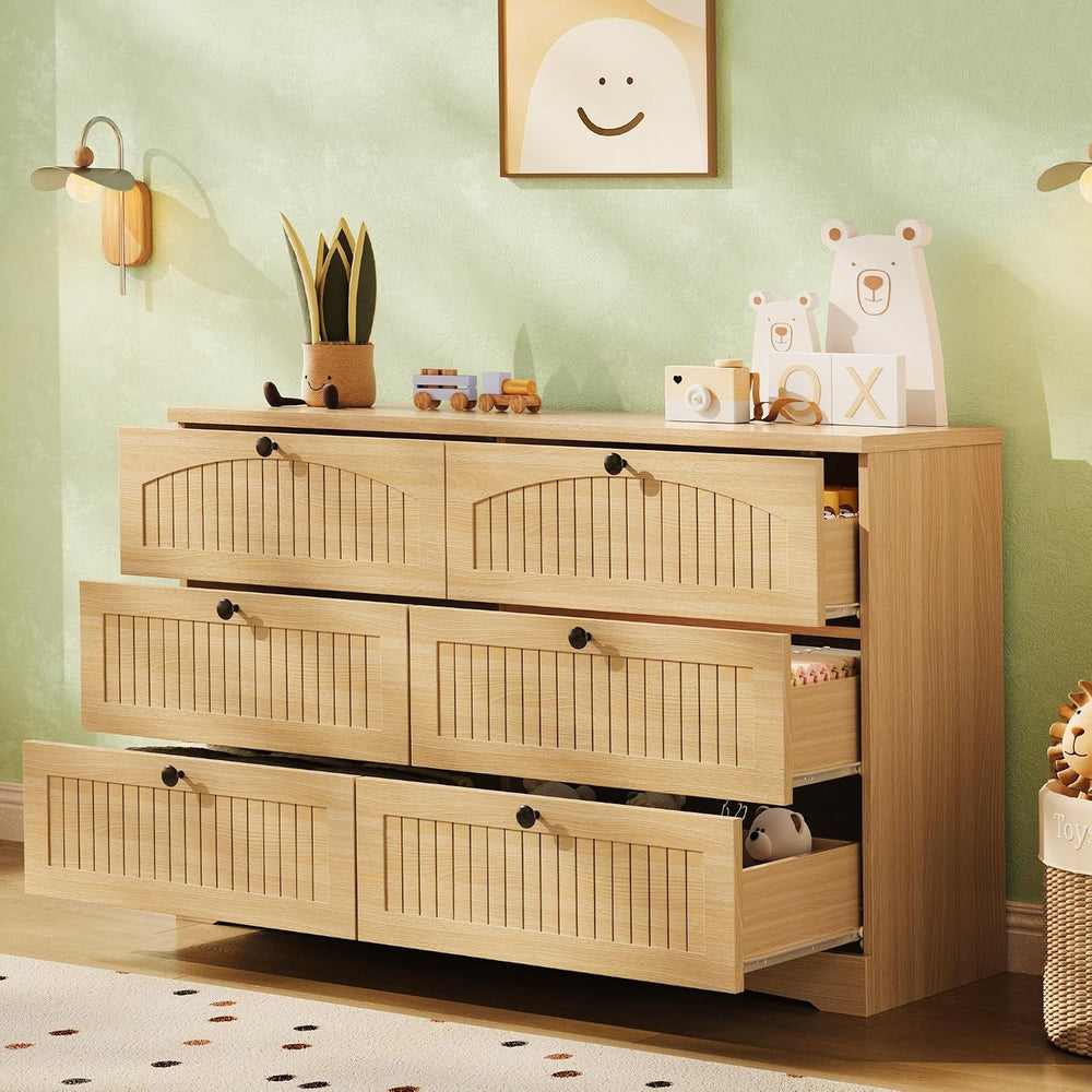 Fluted 6 Drawer Dresser, Wooden Chest of Drawers for Bedroom, Light Oak