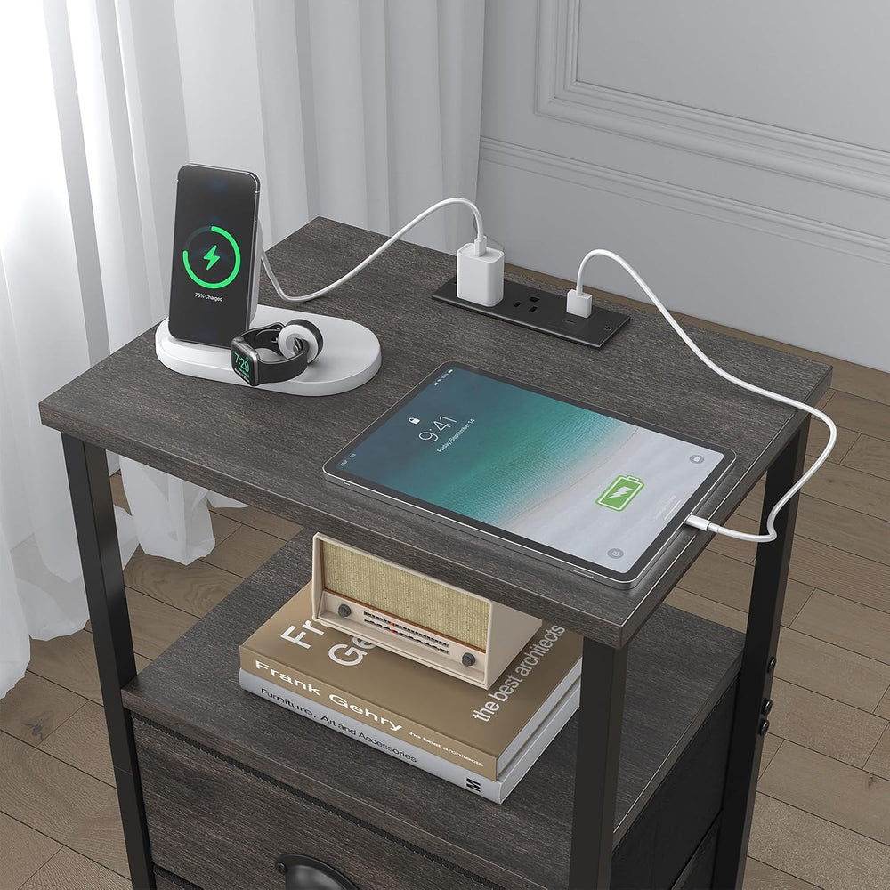 sthmec Nightstand with Charging Station, LED Night Stand Set of 2, Bedside Ta...