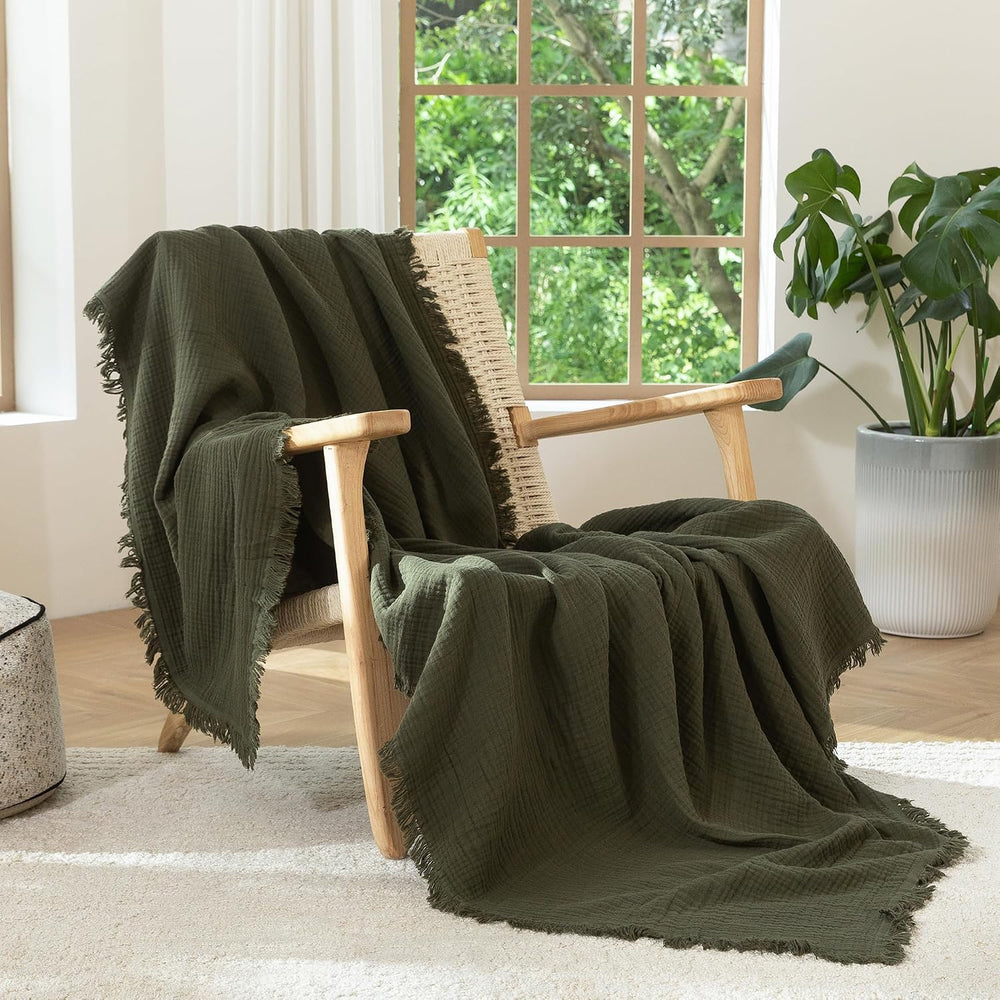 MooMee 100% Cotton Muslin Blanket, Fringed 4-Layer Gauze Bed Throw Blankets