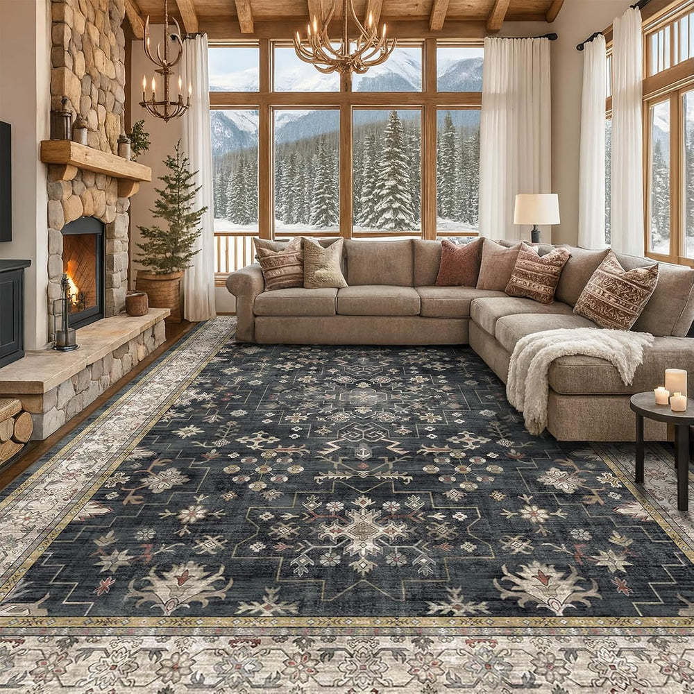 Boho Black Rug for Living Room - Washable 10x14 Area Rug, Dining Room Rugs fo...