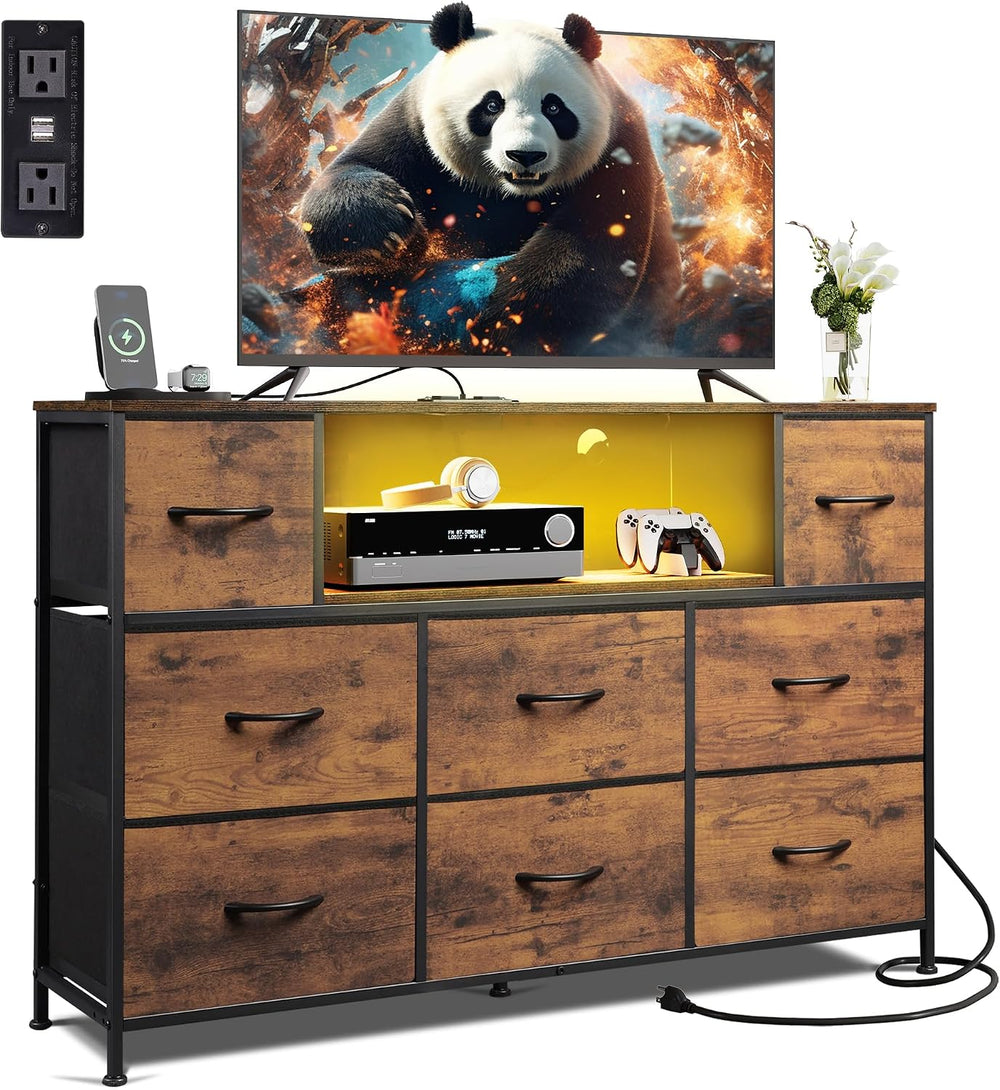WLIVE LED Dresser TV Stand for 55 Inch TV, 8 Fabric Drawers, Brown Dresser