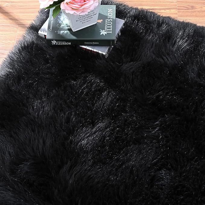 ORINOVA Washable 6x9 Area Rugs for Living Room Black Fuzzy Faux Sheepskin Shag - Image 6