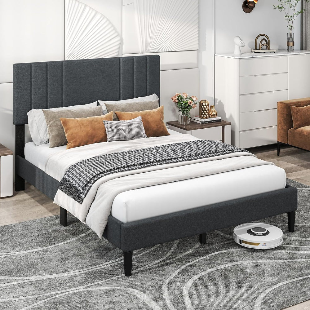 GIANTEX Full Size Platform Bed Frame, Modern Upholstered Bed Frame with Verti...