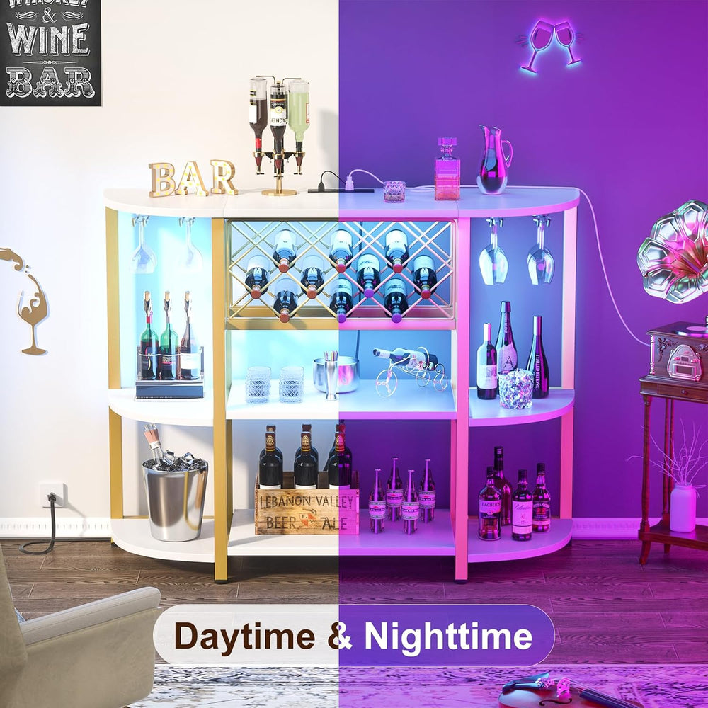 Unikito 4-Tier Coffee Bar Cabinet with Outlet, LED Light & Glass Holder |...