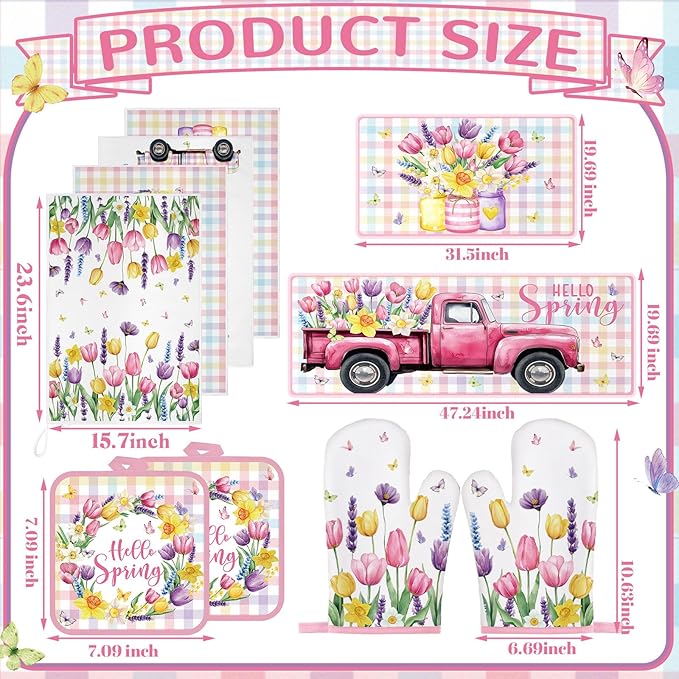 Fourluoo 10 Pcs Spring Flower Farmhouse Kitchen Decor Set Dish Towels Kitchen