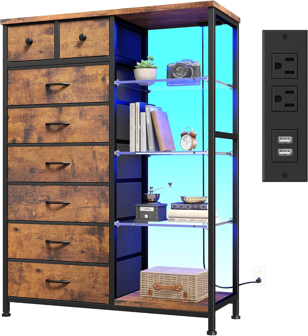 EnHomee Dresser with LED Lights & Power Outlets, 8 Drawers, 54" H, B...
