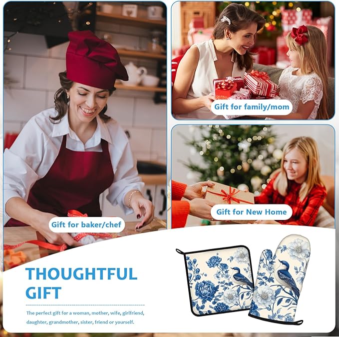 Blue Bird Blooming Flower Oven Mitts and Pot Holders Sets Heat Resistant 4Pcs - Image 7
