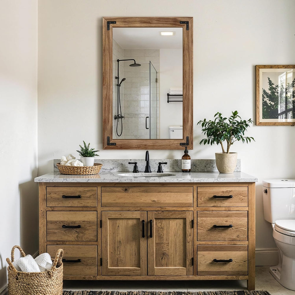 Wood Bathroom Mirror, 26"x38" Farmhouse Mirror for Wall