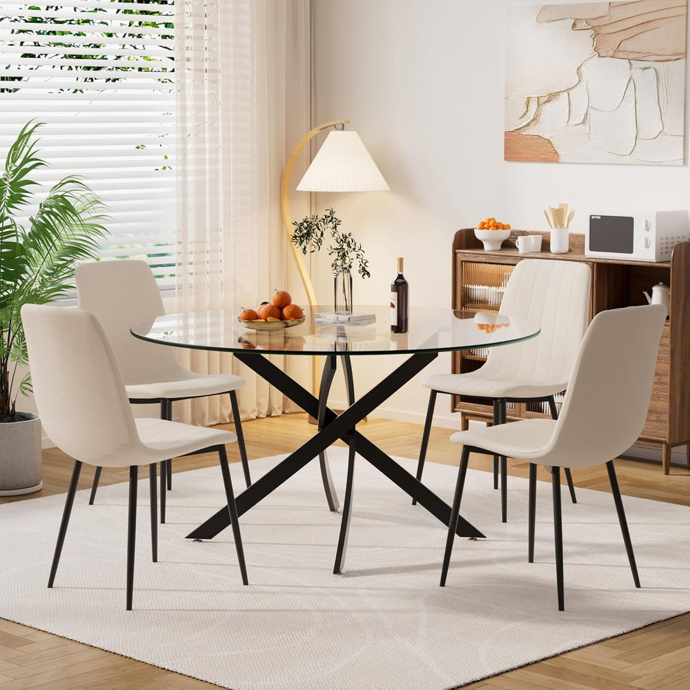 Modern Round Glass Dining Table Set for 4, 47'' Large Tempered Glass ...