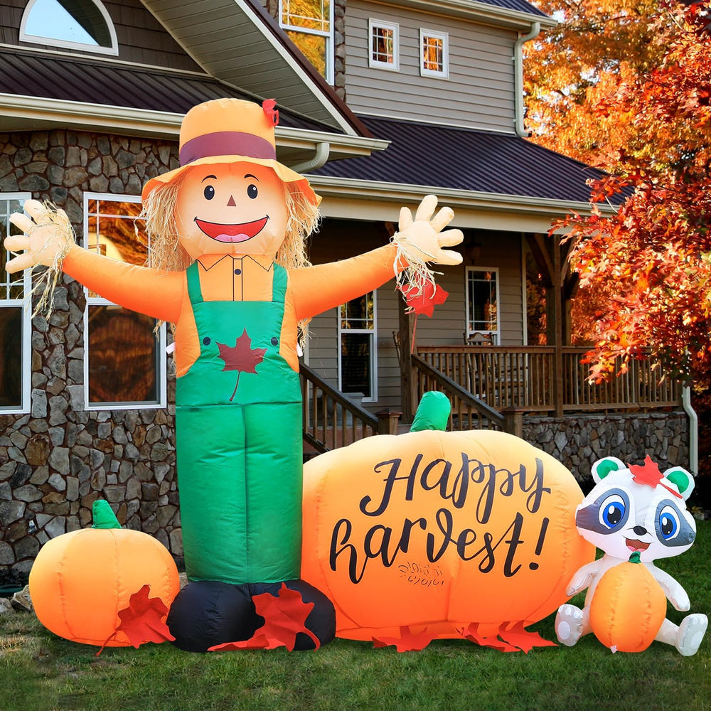 DomKom 6ft Tall LED Lighted Inflatable Scarecrow and Pumpkin – Halloween Than...