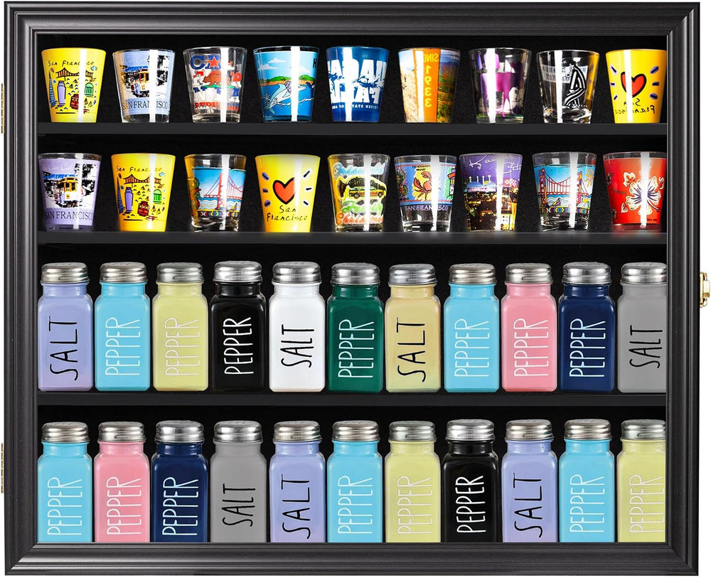 Display Case Cabinet Wall Curio Cabinet for Salt & Pepper Shakers Shot Gl...