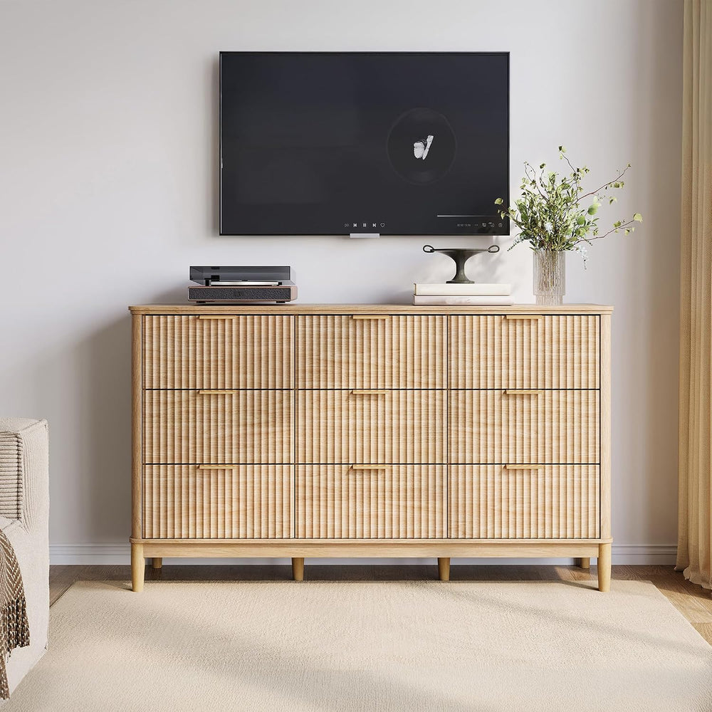 LINSY Fluted 9 Drawer Dresser for Bedroom, 58" Wide Mid-Century Modern T...