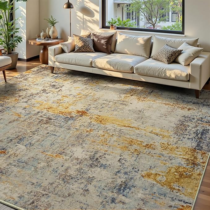 Ompaa Living Room Rug 6x9 Beige Area Rug Machine Washable Boho Rug Non Slip by OmpaaHomeDecor