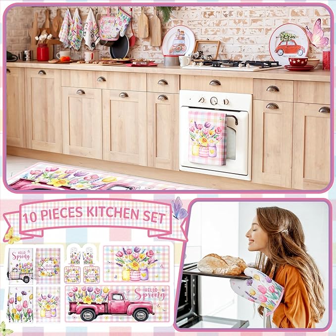 Fourluoo 10 Pcs Spring Flower Farmhouse Kitchen Decor Set Dish Towels Kitchen