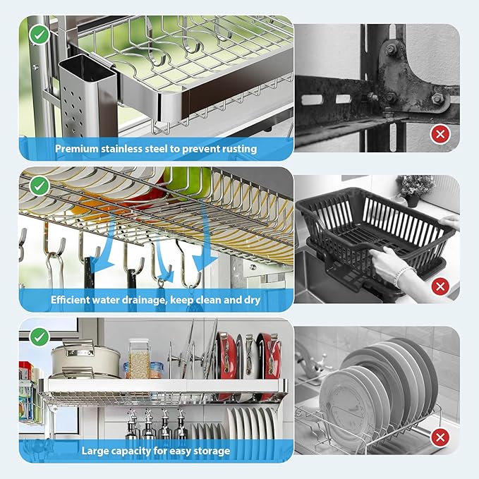 Over The Sink Dish Drainer Drying Rack, Full Stainless Steel 3-Tier Adjustable - Image 4