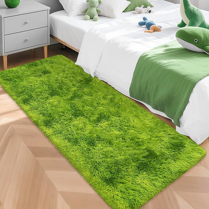 Tie-Dyed Runner Rug for Bedroom Green 2x5ft Fluffy Area Rug Bedside Runner Rug by JiaoBaba