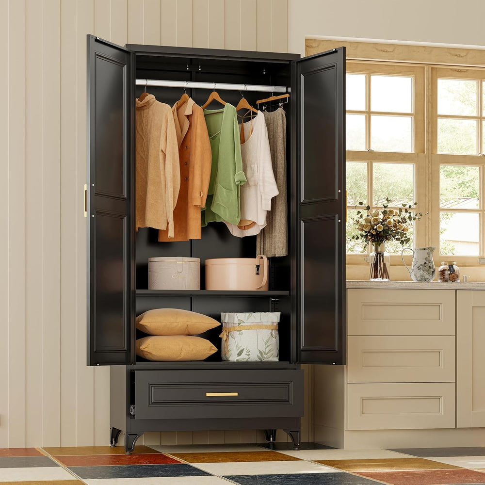 71" Black Armoire Wardrobe Closet with Drawer, Hanging Rod