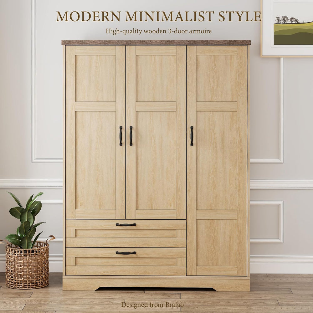 Brafab 62" Wooden Armoire Wardrobe Closet with Mirror, Natural, 3 Doors