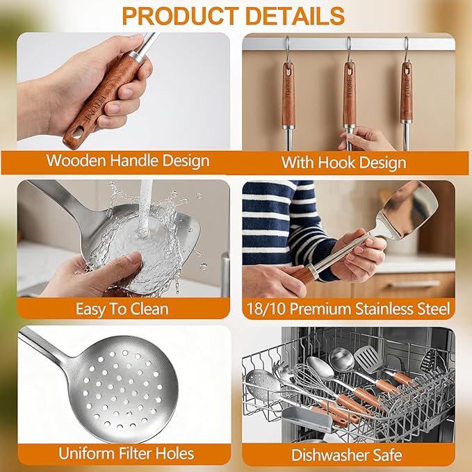 9PCS 18/8 Stainless Steel Kitchen Utensils Set, Heavy Duty Wooden Handle