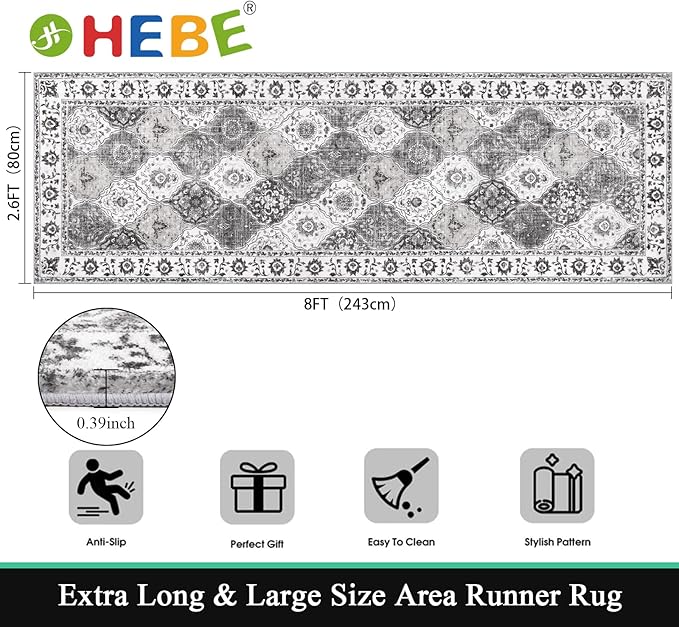 HEBE Hallway Runner Rug 2'8''x8' Washable Vintage Distressed Area Rugs Non Slip - Image 2