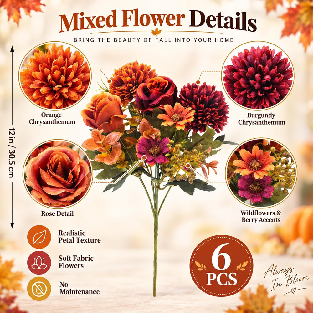 Norme 6 Pcs Fall Artificial Mums Faux Flowers for Outdoor, Soft Autumn Mix