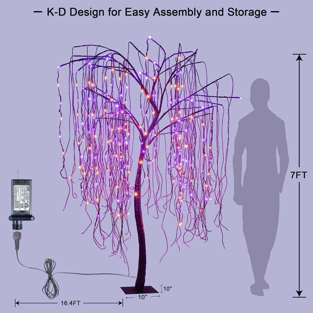 7 FT Halloween Lighted Willow Tree 256 LED Orange and Purple Lights Artificia...