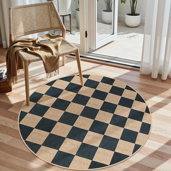 Lahome Colette Checkered 4 ft Easy Jute Round Rug, Washable Small Rugs by Lahome