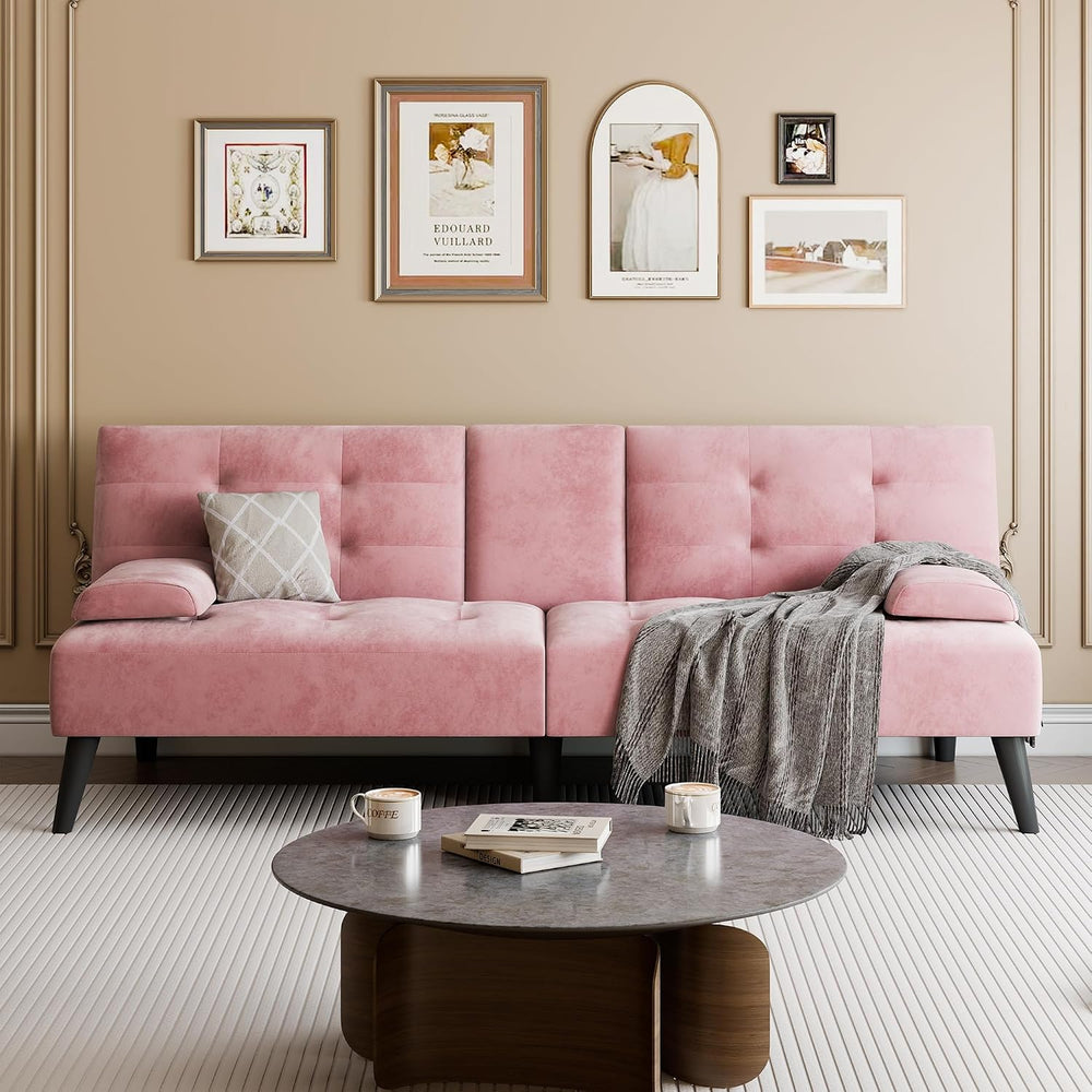 Futon Sofa Bed, 64 in Small Couch with Cup Holders, Pink
