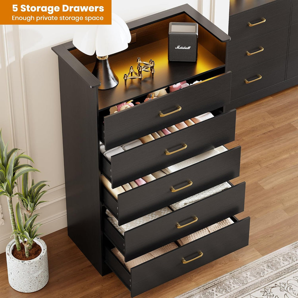 Garvee 5 Drawer Dresser with LED Light and Charging Station, Black