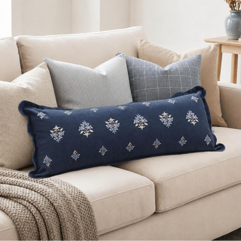 BlissBlush Long Lumbar Pillow Cover 14x36 for Bed, Navy Blue Velvet Decorativ...
