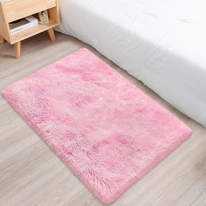 Small Area Rug for Bedroom 2x3ft Mini Tie-Dye Pink Fluffy Rug Mat Bedside Throw - Image 3