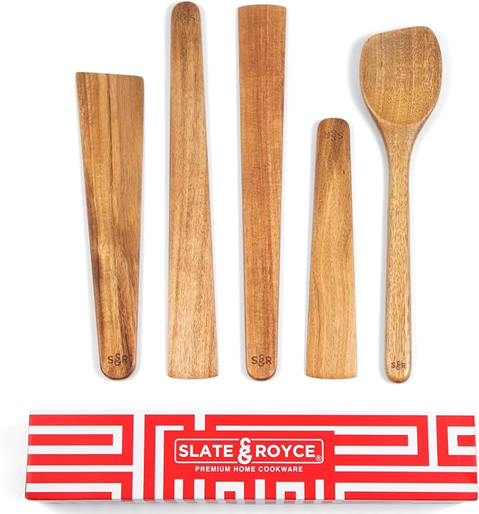 SLATE & ROYCE 5-Piece Acacia Wood Utensil Set, Non-Toxic Wooden Kitchen Tools by SlateRoyce