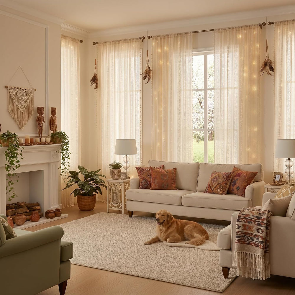 Boho Crochet Curtains for Living Room Lace Curtains 84 Inches Long 2 Panel, R...
