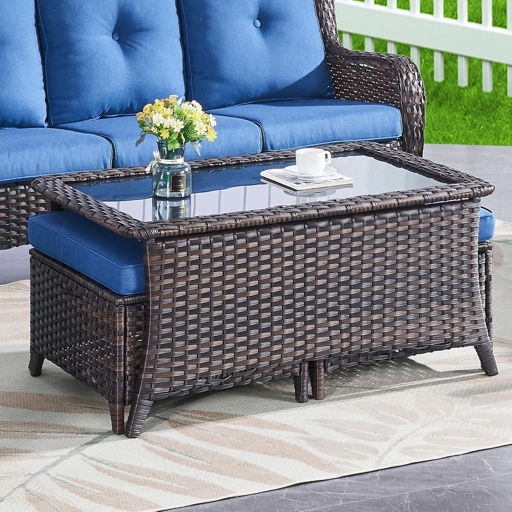Belord Outdoor Coffee Table with Tempered Glass Top, Patio Rectangular Brown ...