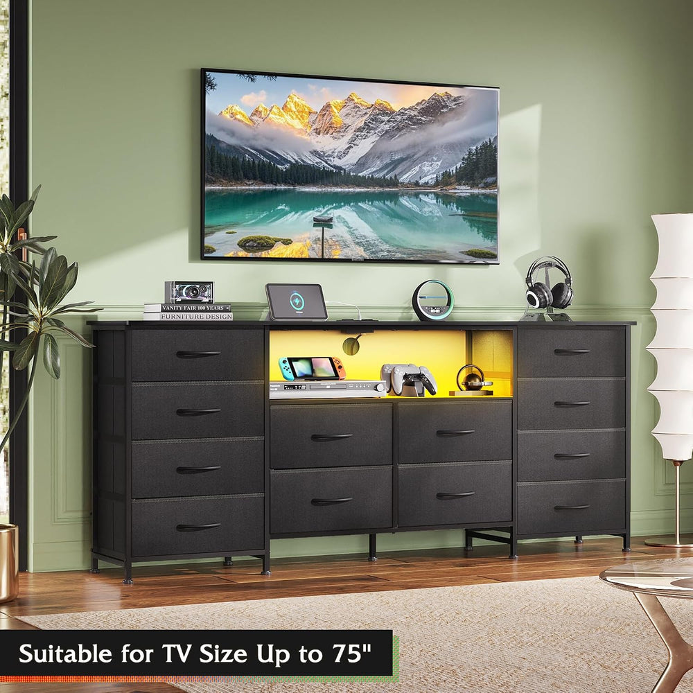 WLIVE LED Dresser TV Stand for 75 Inch TV, 12 Drawers, Black
