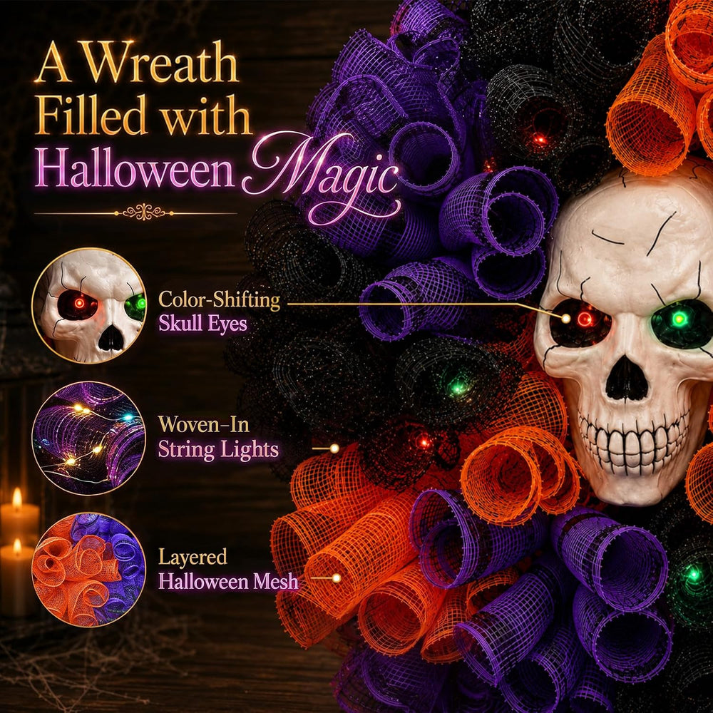 24 in Halloween Wreath with Skull and Color-Changing Lights