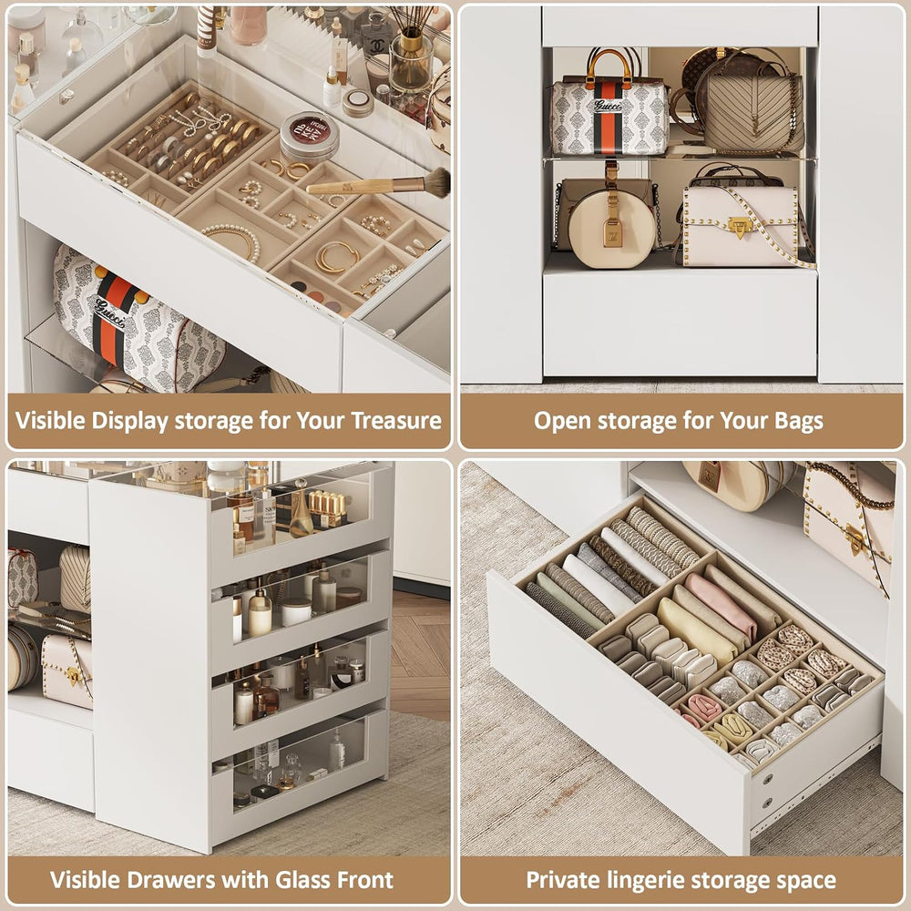 LIVAUVEAD Closet Island with 12 Drawers, Glass Top & Display Shelves, White