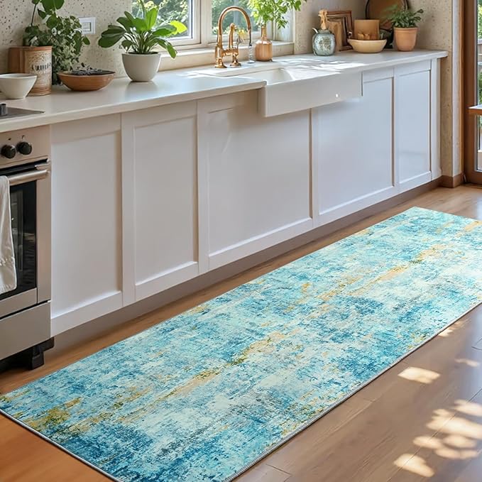 Runner Rug for Kitchen Teal Blue Hallways Runner Rug Non Slip 2'6''x8' Washable - Image 2