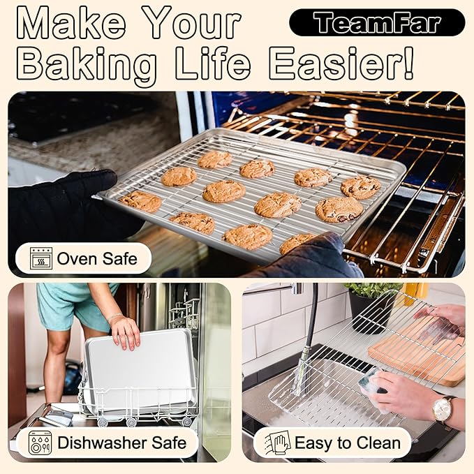 TeamFar Baking Sheet with Rack Set, 19.6/16/12.5 Inch Stainless Steel Cookie