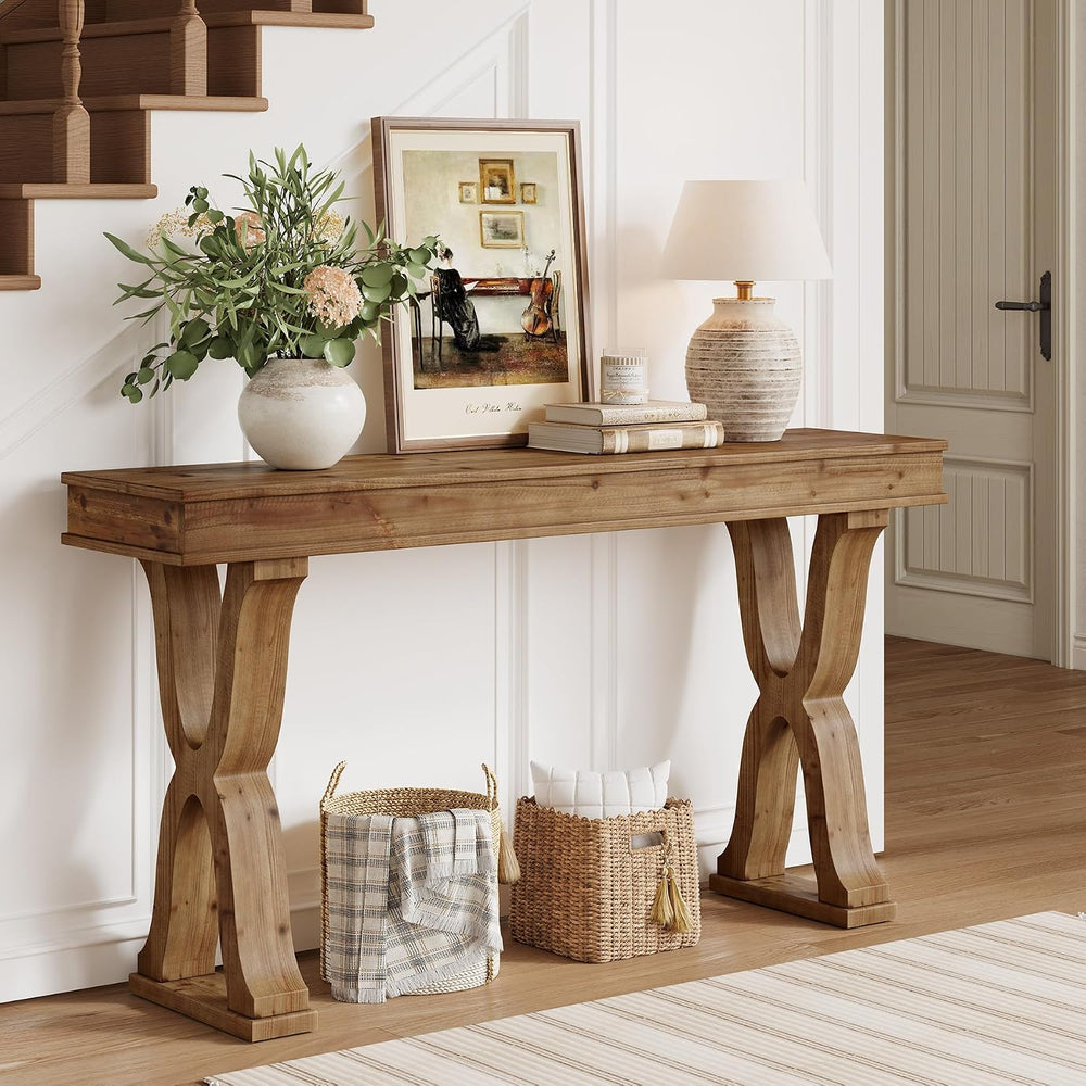 63-Inch Solid Wood Console Table, Farmhouse Entryway Table with X-Shaped Legs...