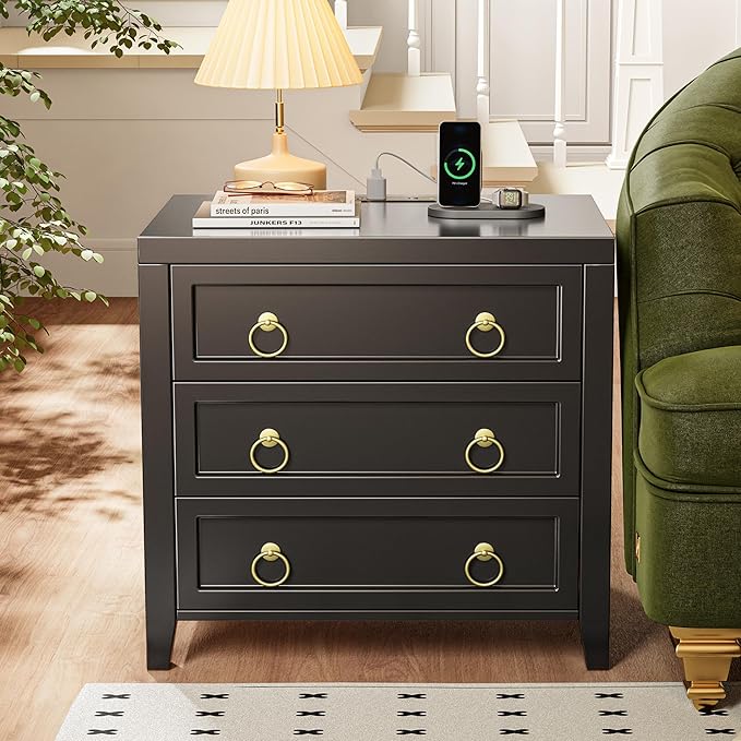 Huuger 23.6 Inch Night Stand with Charger Station and USB-C Port, 3 Drawer Ni...