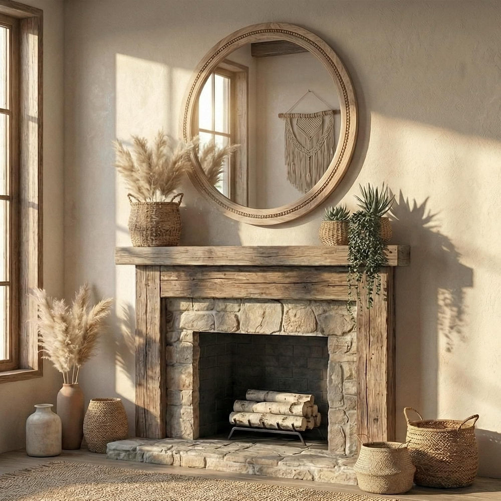 Solid Wood 36 Inch Round Beaded Wall Decor Mirror, Natural Wood
