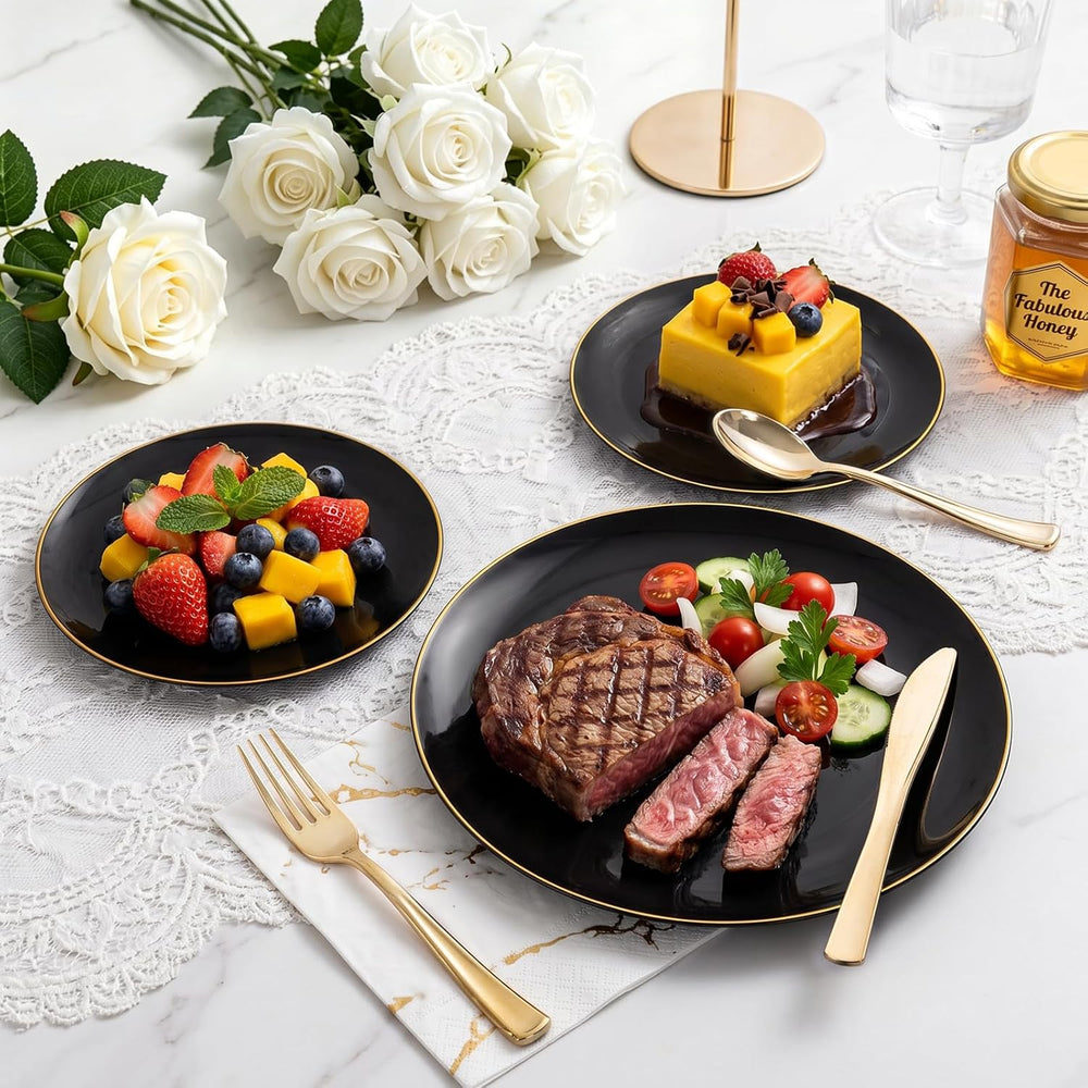 YOUBET 125PCS Black Plastic Plates with Gold Rim for Halloween