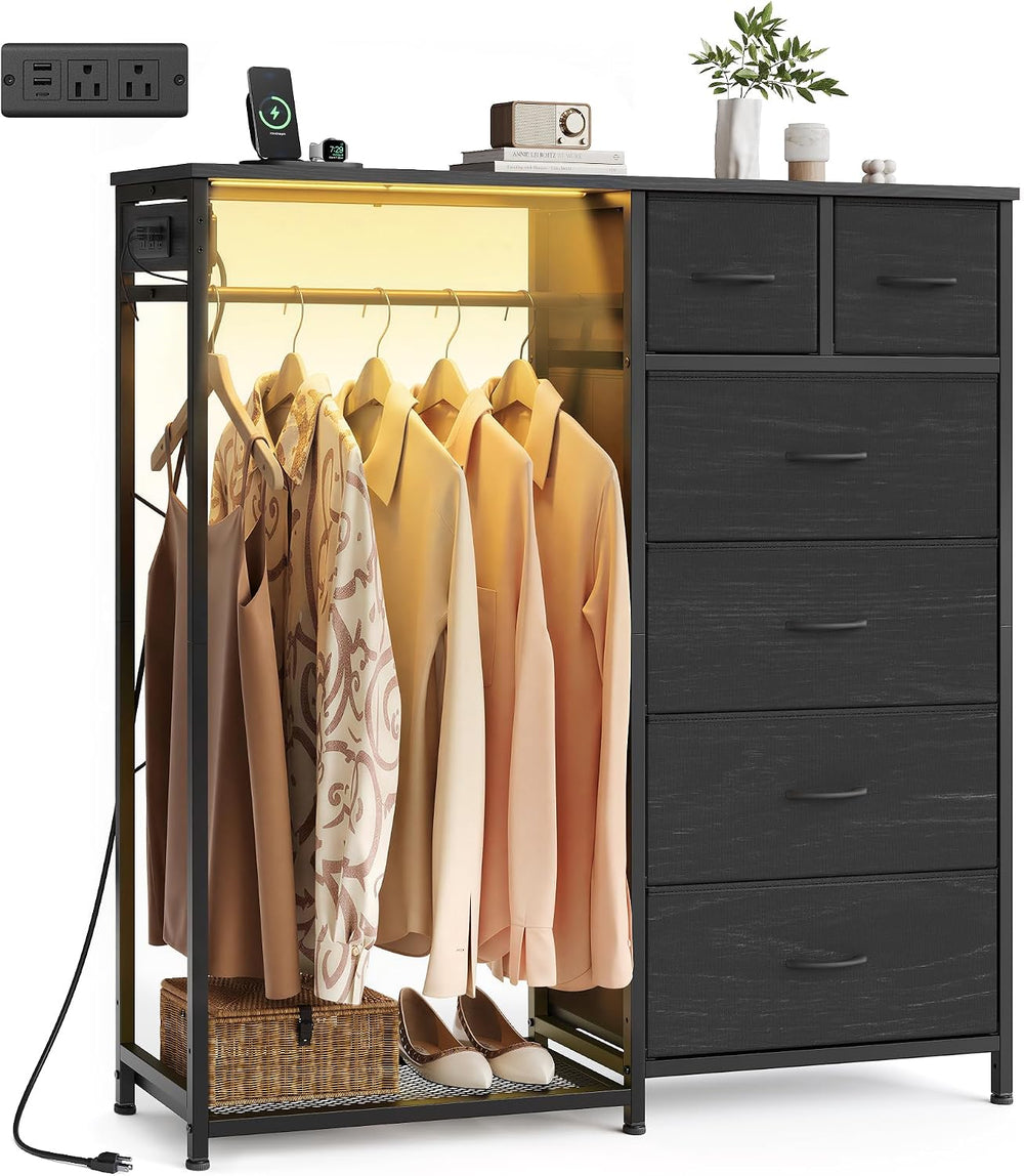 SONGMICS Dresser with Hanging Rod, Closet Organizer with 6 Fabric Drawers