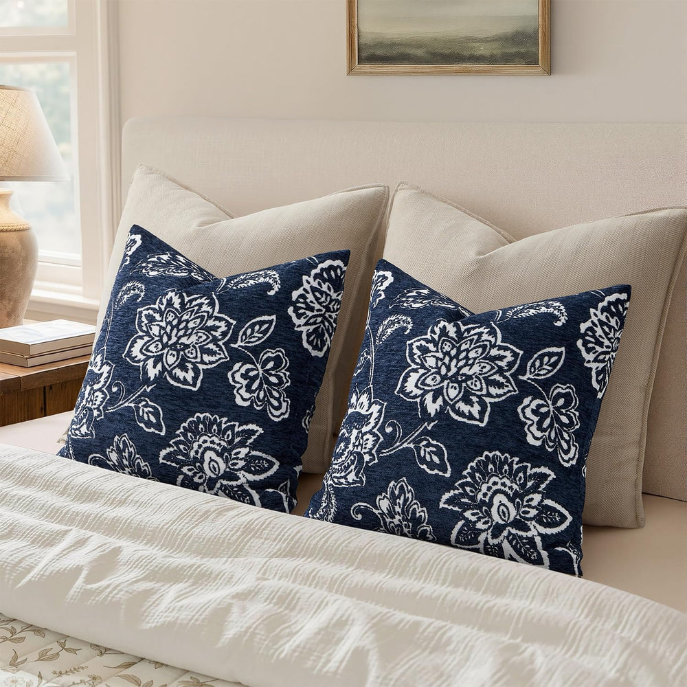 Set of 2 Chenille Floral Pillow Covers 20x20 Inch Navy Blue