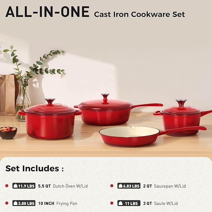 DishDelight Enameled Cast Iron Cookware Set, 7 Piece Induction Dutch Oven Set