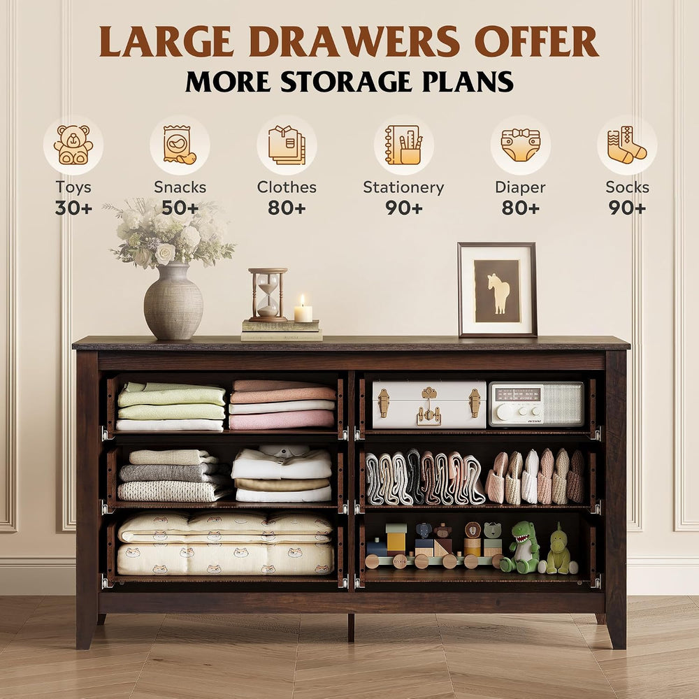 WLIVE 54" Dresser for Bedroom, Wooden 6 Drawer Dresser with Unique Anti-...