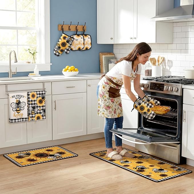 Fourluoo 10 Pcs Bee Kitchen Decor Set Kitchen Towels Rugs Oven Mitts and Pot - Image 2