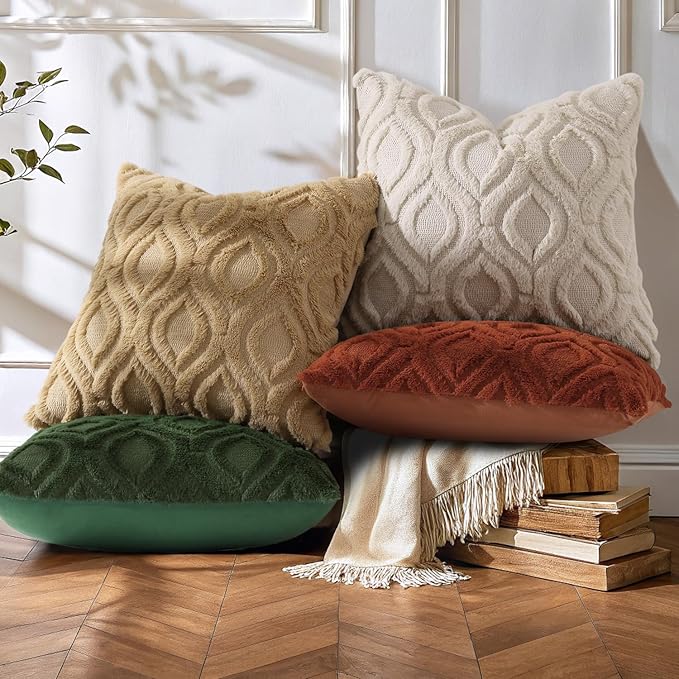 decorUhome Throw Pillow Covers 18x18 Inch Set of 2, Soft Plush Faux Wool Khaki - Image 3