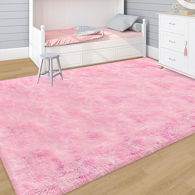 Tie-Dye Pink Rug for Living Room 5x8ft Fluffy Modern Shag Area Rug Mat Bedside - Image 4